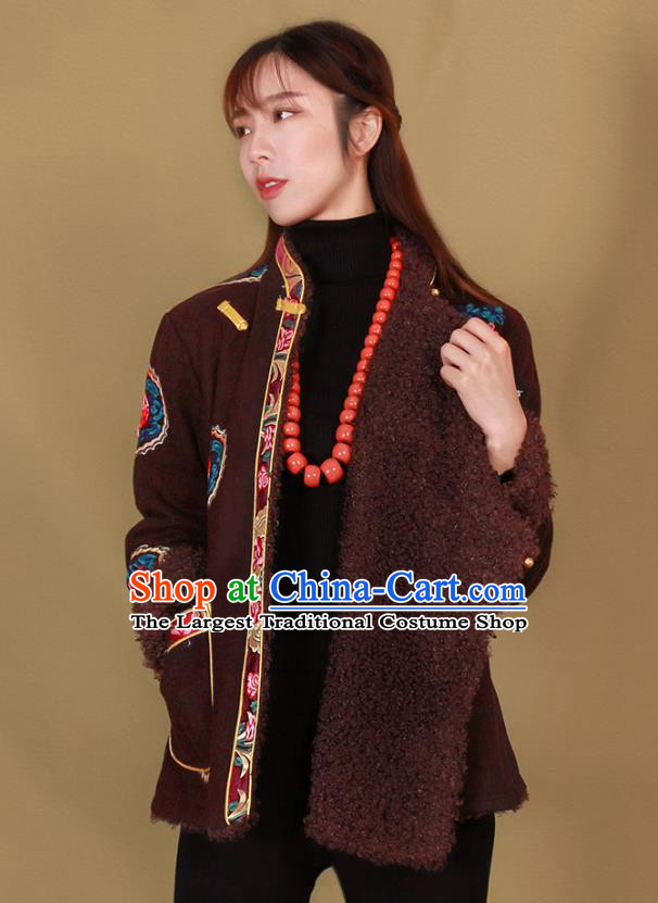 Chinese Tibetan Ethnic Embroidered Wine Red Jacket Zang Nationality Winter Clothing Traditional Lamb Wool Outer Garment