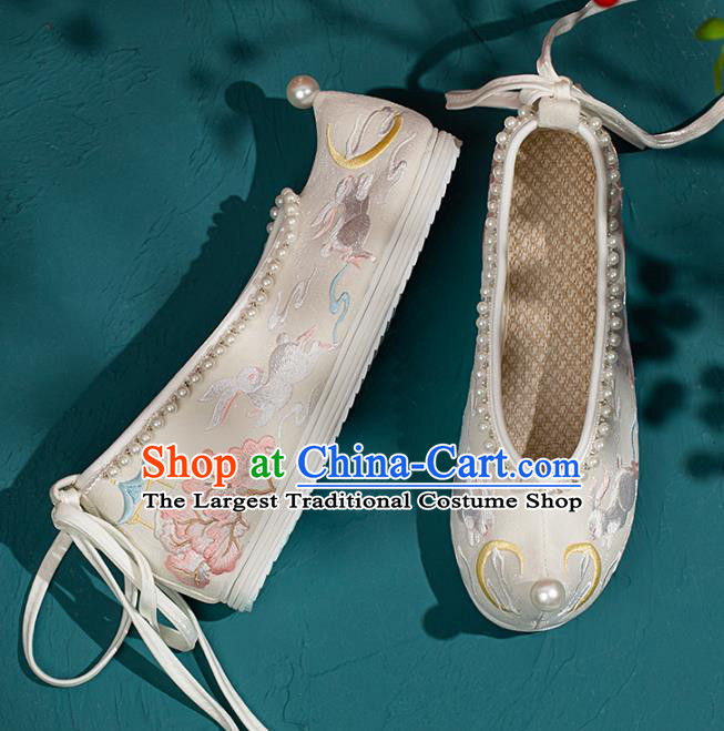 China Traditional Ming Dynasty Princess Shoes Handmade Hanfu Bow Shoes Embroidered Rabbits Pearls Shoes