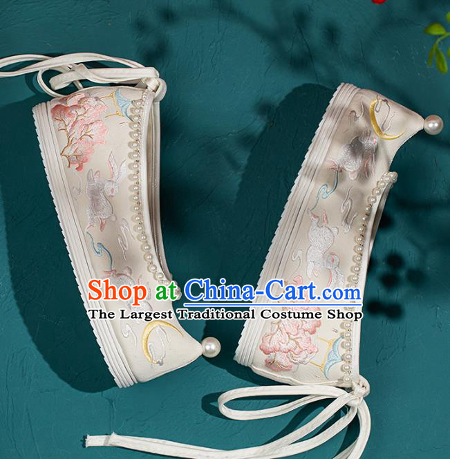 China Traditional Ming Dynasty Princess Shoes Handmade Hanfu Bow Shoes Embroidered Rabbits Pearls Shoes