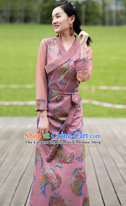 China Tibetan Woman Pink Bola Dress Traditional Zang Nationality Minority Folk Dance Clothing