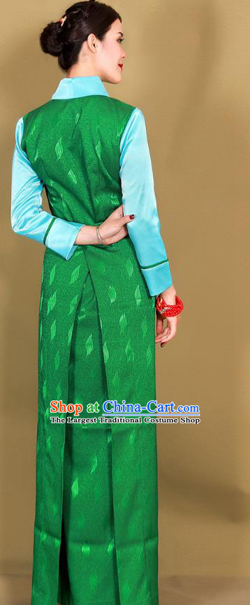 China Xizang Ethnic Woman Clothing Traditional Tibetan Green Bola Dress Zang Minority Costume