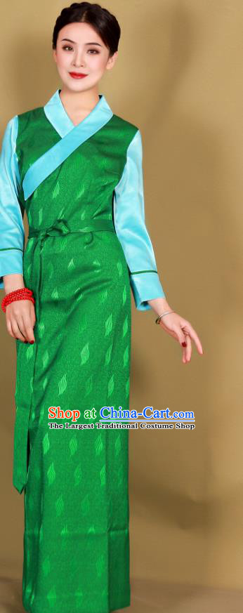 China Xizang Ethnic Woman Clothing Traditional Tibetan Green Bola Dress Zang Minority Costume