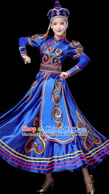 Chinese Mongol Ethnic Folk Dance Royalblue Dress Traditional Mongolian Nationality Stage Performance Costume