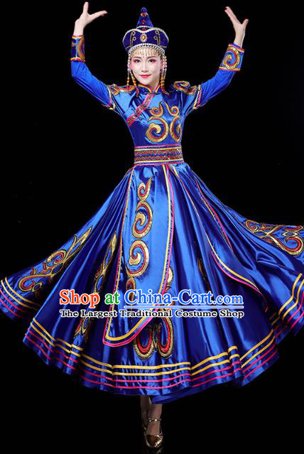 Chinese Mongol Ethnic Folk Dance Royalblue Dress Traditional Mongolian Nationality Stage Performance Costume