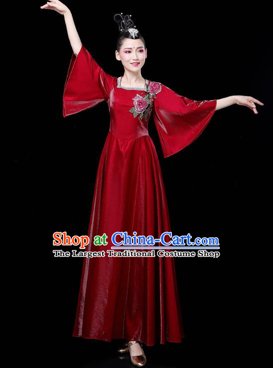 China Woman Chorus Wine Red Dress Spring Festival Gala Opening Dance Modern Dance Clothing
