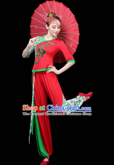 China Drum Dance Yangko Dance Clothing Traditional Folk Dance Fan Dance Red Outfits