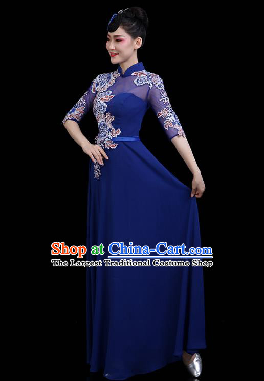 China Opening Dance Deep Blue Dress Woman Embroidered Chorus Costume Modern Dance Clothing