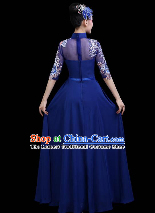 China Opening Dance Deep Blue Dress Woman Embroidered Chorus Costume Modern Dance Clothing