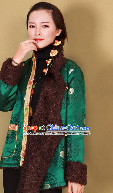 Chinese Tibetan Ethnic Green Brocade Cotton Wadded Jacket Traditional Zang Nationality Woman Outer Garment Clothing
