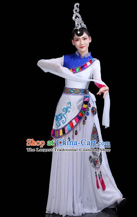 Chinese Tibetan Ethnic Dance White Dress Traditional Zang Nationality Stage Performance Costume