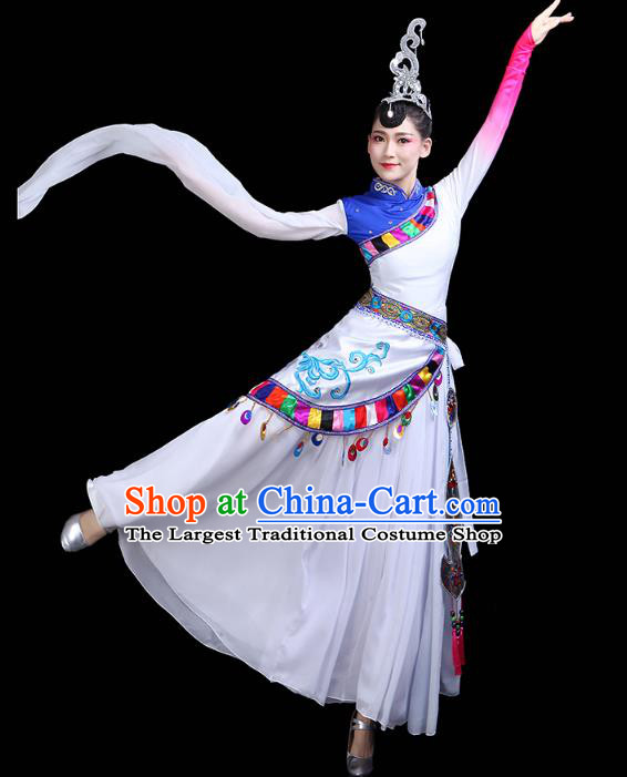 Chinese Tibetan Ethnic Dance White Dress Traditional Zang Nationality Stage Performance Costume