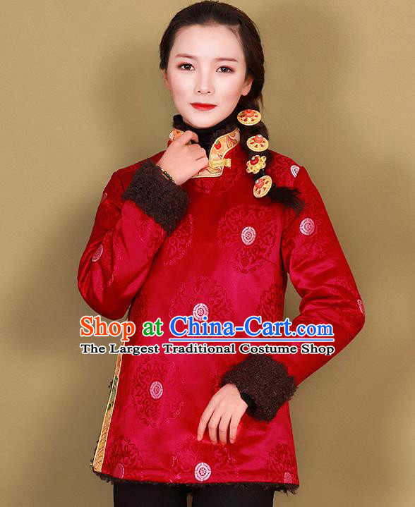 Chinese Traditional Zang Nationality Woman Outer Garment Clothing Tibetan Ethnic Red Brocade Cotton Wadded Jacket