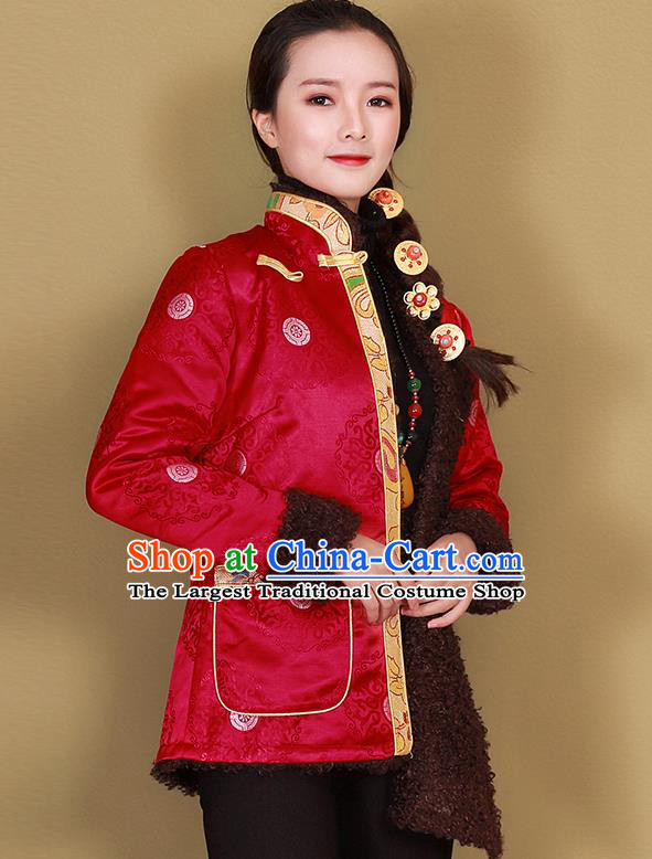 Chinese Traditional Zang Nationality Woman Outer Garment Clothing Tibetan Ethnic Red Brocade Cotton Wadded Jacket