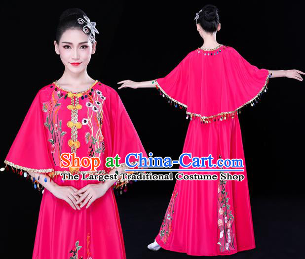 Chinese Traditional Dai Nationality Performance Embroidered Costume Yunnan Ethnic Folk Dance Rosy Dress