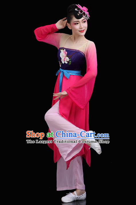Chinese Umbrella Dance Rosy Dress Traditional Woman Group Dance Costume Classical Dance Clothing