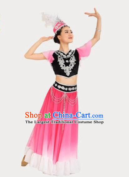 Chinese Xinjiang Ethnic Performance Pink Dress Outfits Traditional Uygur Nationality Female Dance Costumes