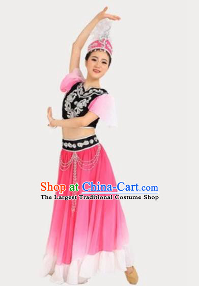 Chinese Xinjiang Ethnic Performance Pink Dress Outfits Traditional Uygur Nationality Female Dance Costumes
