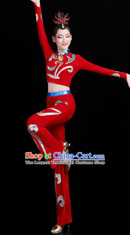China Modern Dance Costume Bodybuilding Competition Red Outfits Aerobics Training Clothing