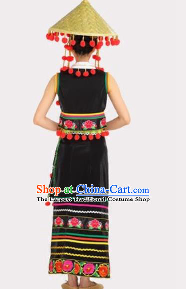 Chinese Ethnic Village Girl Black Dress Outfits Traditional Li Nationality Folk Dance Costumes and Bamboo Hat