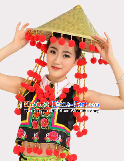 Chinese Ethnic Village Girl Black Dress Outfits Traditional Li Nationality Folk Dance Costumes and Bamboo Hat