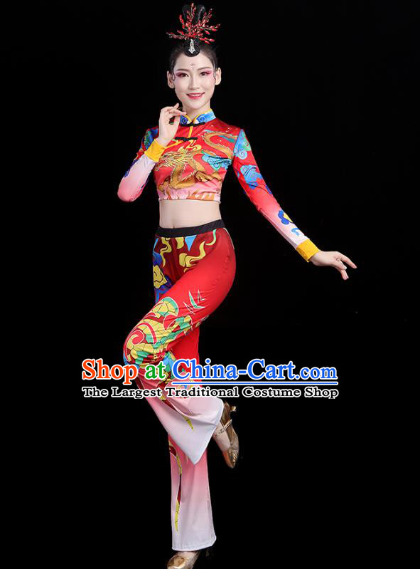 China Bodybuilding Competition Printing Dragon Red Outfits Aerobics Training Clothing Modern Dance Costume