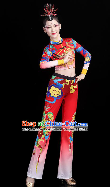 China Bodybuilding Competition Printing Dragon Red Outfits Aerobics Training Clothing Modern Dance Costume
