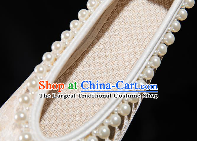 China Ancient Princess Pearls Tassel Shoes Traditional Ming Dynasty Hanfu Shoes Handmade White Satin Shoes