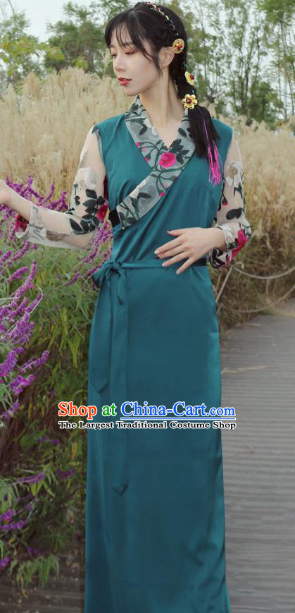 China Traditional Tibetan Ethnic Blue Bola Dress Zang Nationality Kangba Woman Clothing