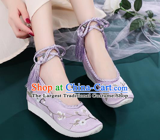 China Ancient Princess Embroidered Shoes National Lilac Satin Shoes Traditional Hanfu Shoes
