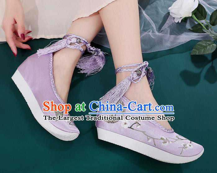 China Ancient Princess Embroidered Shoes National Lilac Satin Shoes Traditional Hanfu Shoes