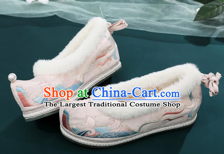 China National Woman Winter Shoes Traditional Ming Dynasty Princess Shoes Ancient Hanfu Embroidered Bow Shoes