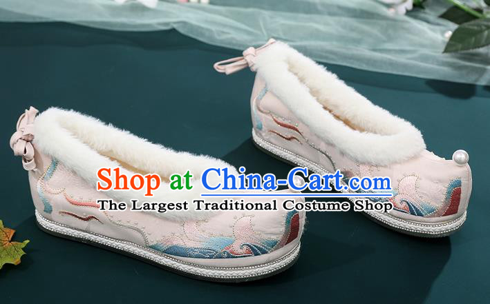 China National Woman Winter Shoes Traditional Ming Dynasty Princess Shoes Ancient Hanfu Embroidered Bow Shoes