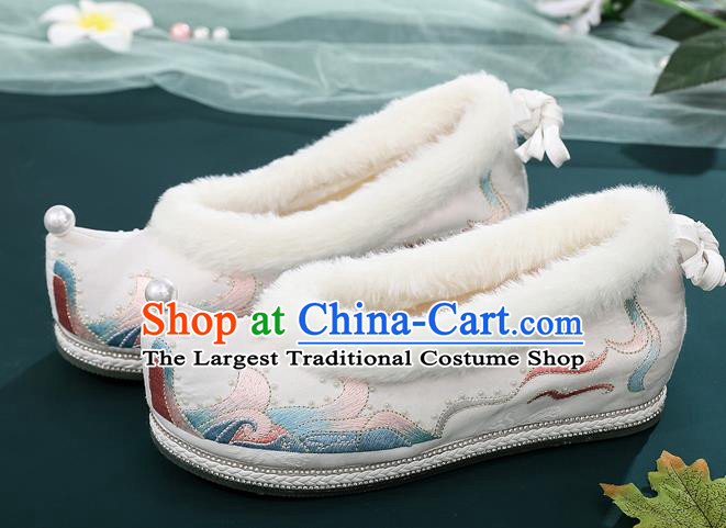 China Ancient Hanfu Embroidered Bow Shoes National Woman Winter White Cloth Shoes Traditional Ming Dynasty Princess Shoes