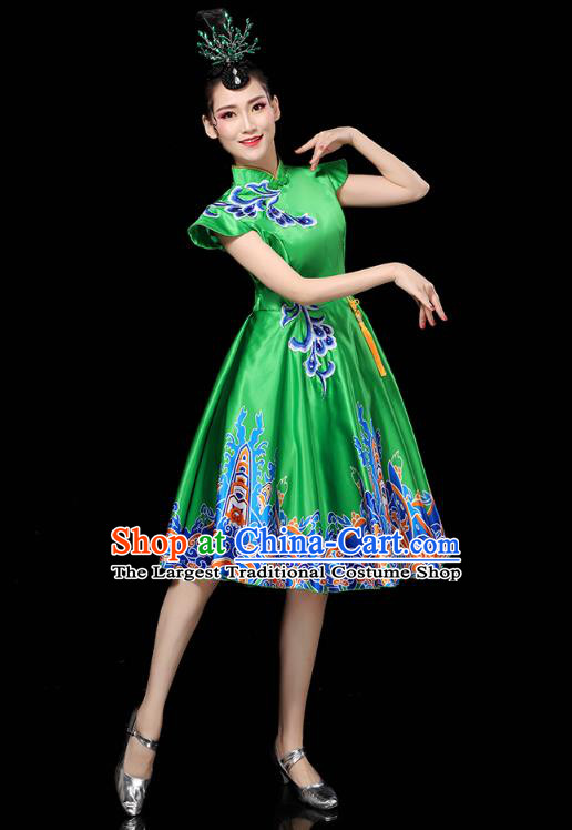 China Woman Group Modern Dance Clothing Spring Festival Gala Opening Dance Performance Green Short Dress