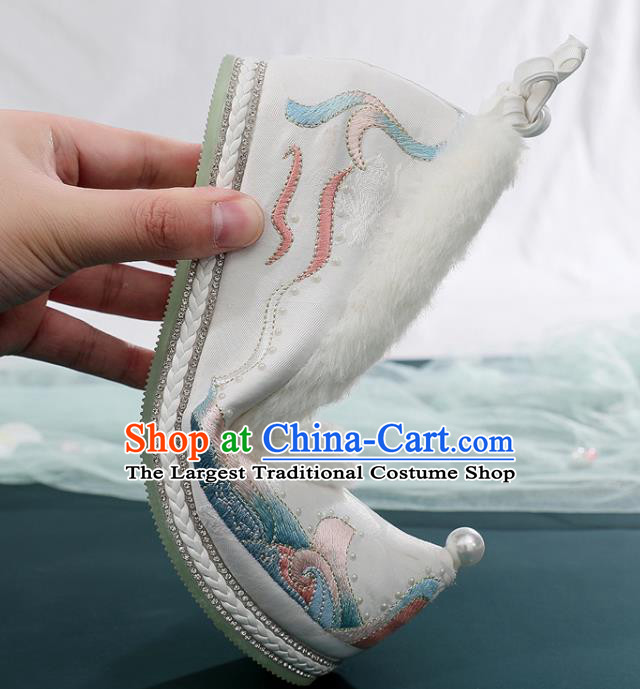 China Ancient Hanfu Embroidered Bow Shoes National Woman Winter White Cloth Shoes Traditional Ming Dynasty Princess Shoes