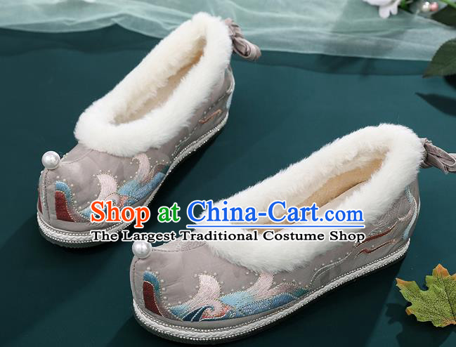 China Traditional Ming Dynasty Princess Shoes Ancient Hanfu Embroidered Grey Bow Shoes National Woman Winter Cloth Shoes