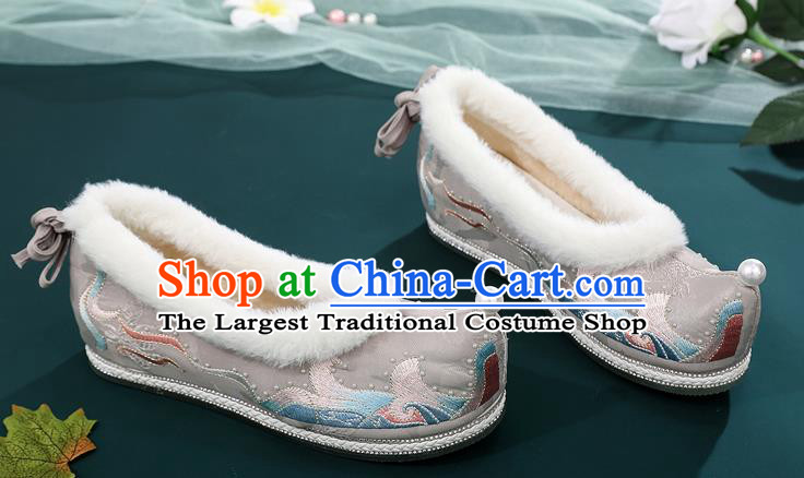 China Traditional Ming Dynasty Princess Shoes Ancient Hanfu Embroidered Grey Bow Shoes National Woman Winter Cloth Shoes