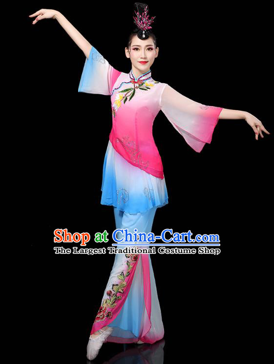 China Traditional Fan Dance Costume Folk Dance Performance Rosy Outfits Yangko Dance Clothing