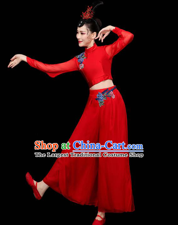China Traditional Yangko Group Dance Clothing Fan Dance Costume Folk Dance Red Chiffon Outfits