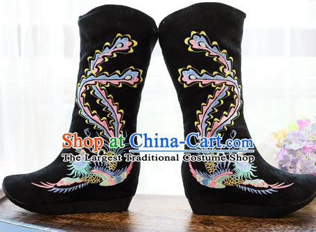 Chinese Traditional Hanfu Swordsman Black Cloth Boots National Embroidered Phoenix Shoes