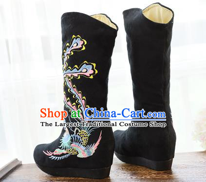 Chinese Traditional Hanfu Swordsman Black Cloth Boots National Embroidered Phoenix Shoes