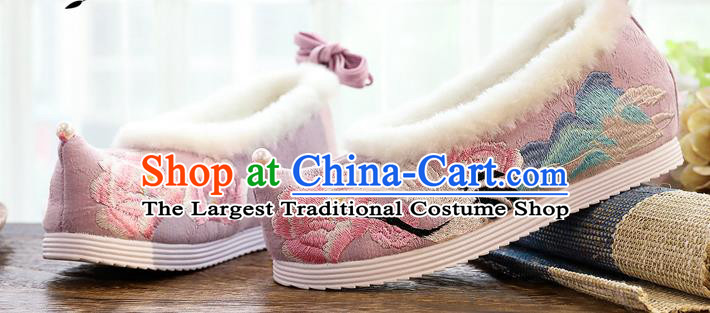 China Traditional Embroidered Cloud Crane Shoes Handmade Winter Pink Cloth Shoes National Woman Hanfu Shoes
