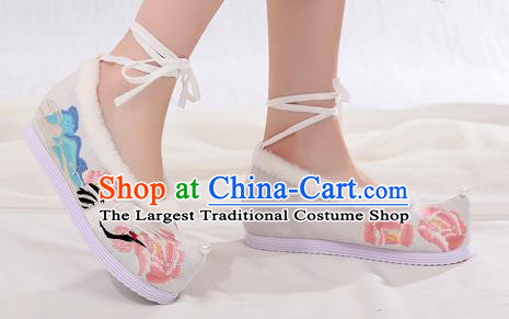 China National Woman Hanfu Shoes Traditional Embroidered Cloud Crane Shoes Handmade Winter White Cloth Shoes