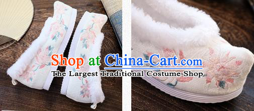 China Handmade Winter Woman Hanfu Shoes National White Cloth Shoes Traditional Embroidered Lotus Shoes