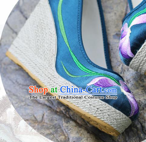 Chinese Yunnan Ethnic Folk Dance Wedge Heel Shoes National Embroidered Orchids Navy Satin Shoes