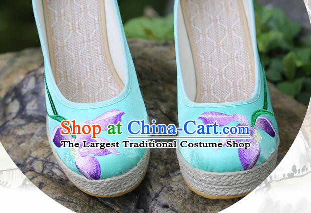 Chinese National Embroidered Orchids Green Satin Shoes Yunnan Ethnic Folk Dance Wedge Heel Shoes