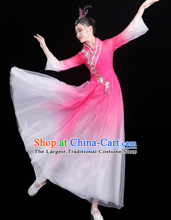 Chinese Classical Dance Rosy Dress Traditional Group Dance Performance Costume Umbrella Dance Clothing
