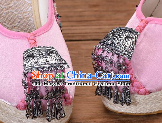 Chinese National Embroidered Pink Cloth Shoes Yunnan Ethnic Silver Tassel Wedge Heel Shoes
