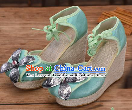 Chinese National Green Cloth Shoes Yunnan Ethnic Silver Wedge Heel Sandal Summer Shoes