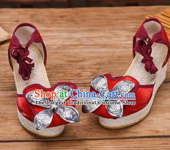 Chinese Yunnan Ethnic Silver Wedge Heel Sandal Summer Shoes National Red Cloth Shoes
